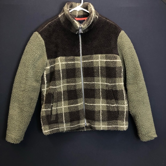 Lucky Brand Men’s Brown Green Plaid Sherpa Zip Up Lined Trucker Jacket Size S‎